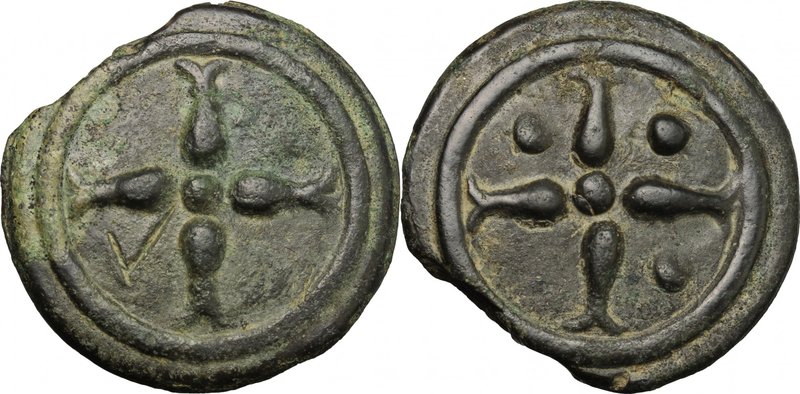 Greek Italy. Etruria, uncertain mint. Wheel/Wheel series. AE Cast Quadrans, 3rd ...