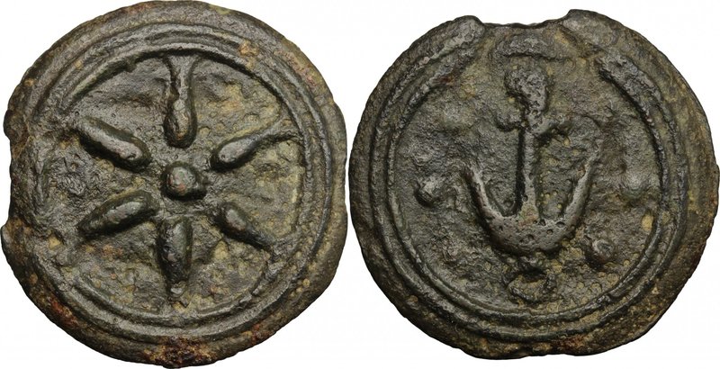 Greek Italy. Etruria, uncertain mint. Wheel/Anchor series. AE Cast Semis, 3rd ce...
