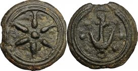 Greek Italy. Etruria, uncertain mint. Wheel/Anchor series. AE Cast Semis, 3rd century BC. D/ Wheel with six spokes within double linear border. R/ Anc...