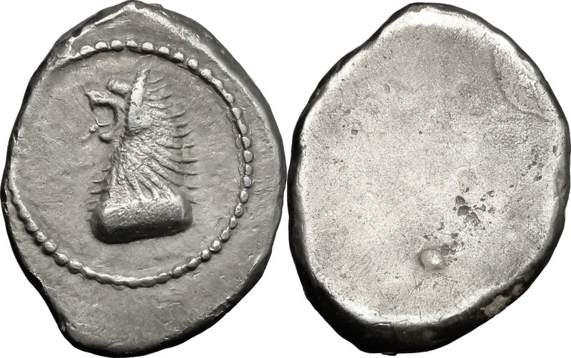 Greek Italy. Etruria, Populonia. AR Drachm, 5th century BC. D/ Head and neck of ...