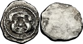 Greek Italy. Etruria, Populonia. AR 2.5 Units, c. 425-400 BC. D/ Head of Metus facing; below, II