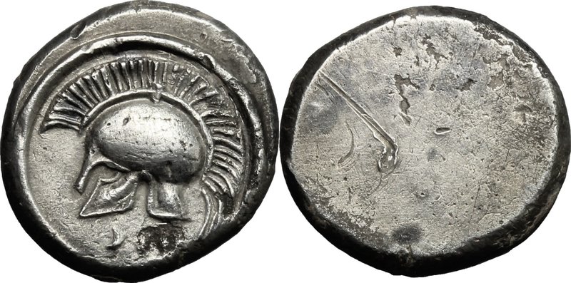 Greek Italy. Etruria, Populonia. AR 5-Units (?), 4th century BC. D/ Crested Cori...