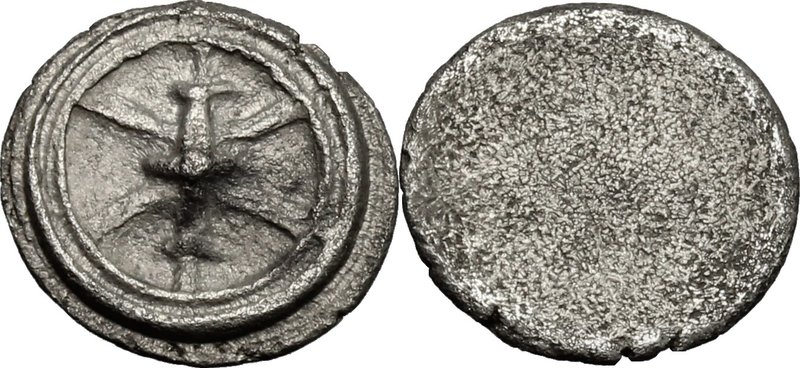 Greek Italy. Etruria, Populonia. AR Unit, 4th century BC. D/ Wheel with long cro...