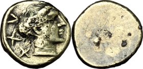 Greek Italy. Etruria, Populonia. Pale AV 25-Asses, c. 300-250 BC. D/ Female head right, with hair caught up at back and bound by diadem; behind, XXV. ...