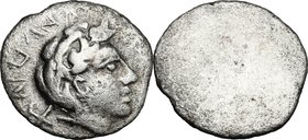 Greek Italy. Etruria, Populonia. AR 10-Asses, 3rd century BC. D/ Laureate male head right; to left, [p]vplana and to right, m[etl]; X behind neck. R/ ...