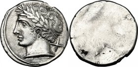 Greek Italy. Etruria, Populonia. AR 10-Asses, 3rd century BC. D/ Laureate male head left; behind, X. Linear border. R/ Blank, with a shallow protubera...