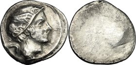 Greek Italy. Etruria, Populonia. AR 5-Asses, 3rd century BC. D/ Head of Turms right, wearing petasus; behind, V. Linear border. R/ Blank, with rough e...
