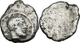 Greek Italy. Etruria, Populonia. AR 0.5-As (Sembella), 3rd century BC. D/ Male head right; behind, V. Linear border. R/ Blank. Vecchi EC I, 111 (O1); ...