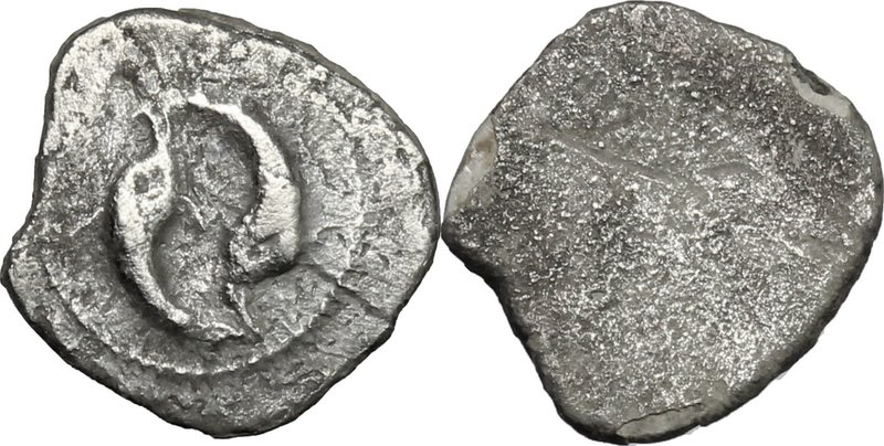 Greek Italy. Etruria, Populonia. AR Obol (?), 3rd century BC. D/ Two dolphins. D...