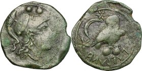 Greek Italy. Etruria, Populonia. AE Sextans, 3rd century BC. D/ Head of Menvra right, wearing crested Corinthian helmet; above, two pellets. Dotted bo...