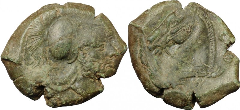 Greek Italy. Etruria, Cosa. AE 20 mm. (Quartuncia), 273-c. 250 BC. D/ Helmeted, ...