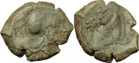 Greek Italy. Etruria, Cosa. AE 20 mm. (Quartuncia), 273-c. 250 BC. D/ Helmeted, bearded head of Mars right. R/ Head of bridled horse left on dolphin; ...