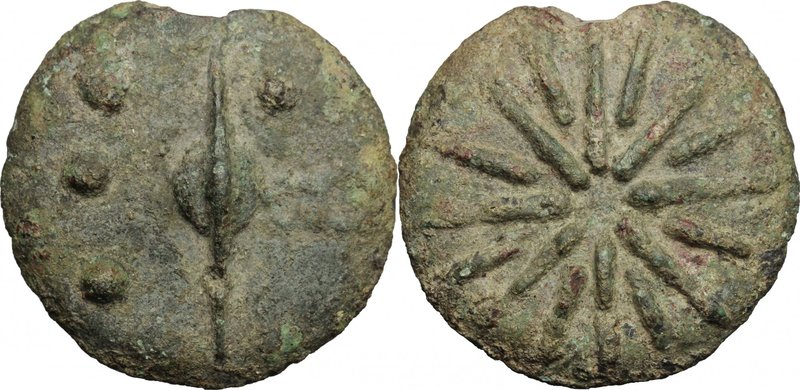 Greek Italy. Central Italy, uncertain. AE Cast Triens (?), 3rd century BC. D/ Ba...