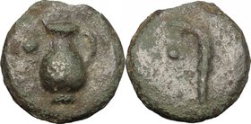 Greek Italy. Central Italy, uncertain. AE Cast Uncia, c. 280-260 BC. D/ Capis; pellet (mark of value) to left. R/ Pedum; pellet (mark of value) to lef...