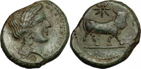 Greek Italy. Central and Southern Campania, Neapolis. AE 19 mm. c. 320-300 BC. D/ NEOΠOΛITΩN. Laureate head of Apollo right. R/ Man-faced bull right, ...