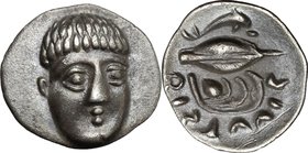 Greek Italy. Central and Southern Campania, Phistelia. AR Obol, c. 325-275 BC. D/ Young male head (or mask) facing. R/ Corn-grain and mussel; above, d...