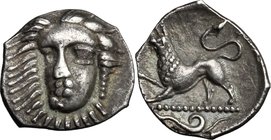 Greek Italy. Central and Southern Campania, Phistelia. AR Obol, c. 325-275 BC. D/ Head of nymph facing slightly left. R/ Lion running left; serpent in...