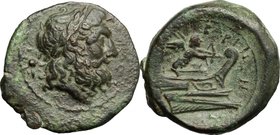 Greek Italy. Southern Apulia, Barium. AE Uncia, c. 180-160 BC. D/ Laureate head of Zeus right; behind, star (mark of value). R/ BAPIN[ ]N. Eros on pro...