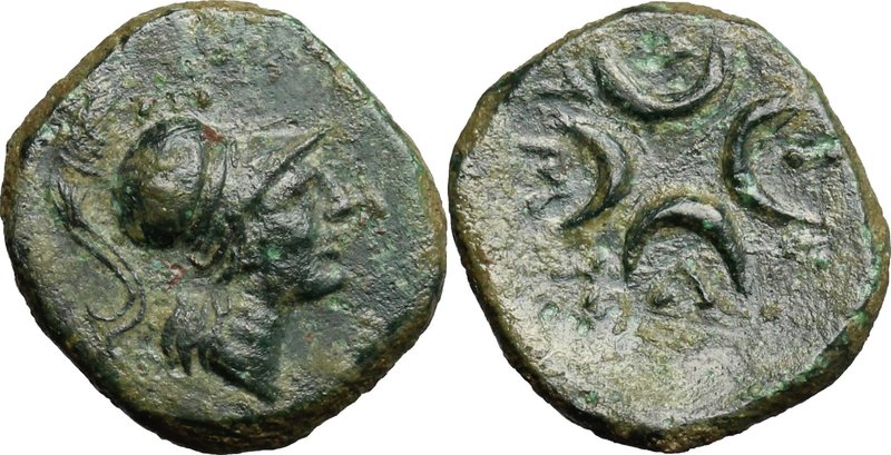 Greek Italy. Southern Apulia, Samadion. AE 14 mm. 200-150 BC. D/ Helmeted head o...