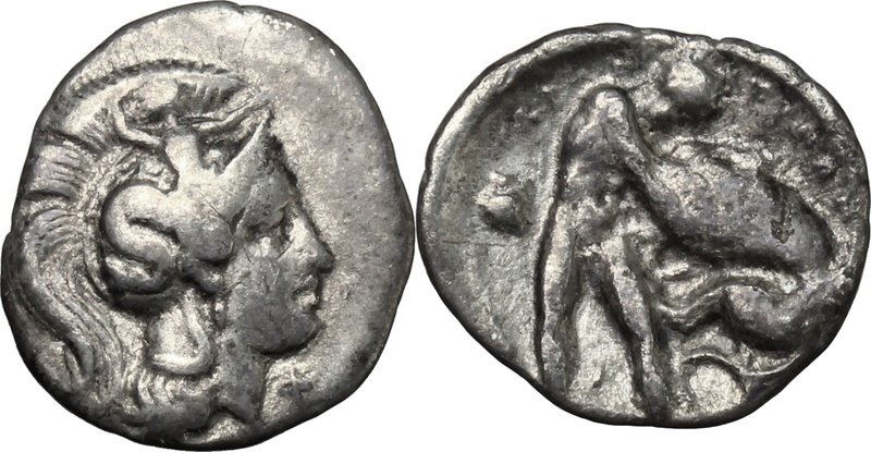 Greek Italy. Southern Apulia, Tarentum. AR Diobol, c. 380-325. D/ Head of Athena...