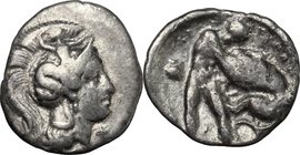 Greek Italy. Southern Apulia, Tarentum. AR Diobol, c. 380-325. D/ Head of Athena right, wearing helmet decorated with Skylla; below chin, Φ. R/ TAPAN-...