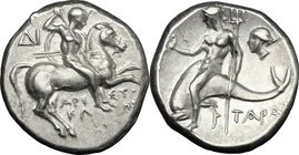 Greek Italy. Southern Apulia, Tarentum. AR Nomos, c. 272-240 BC. D/ Nude warrior on horseback right, holding round shield and two lances in left hand,...