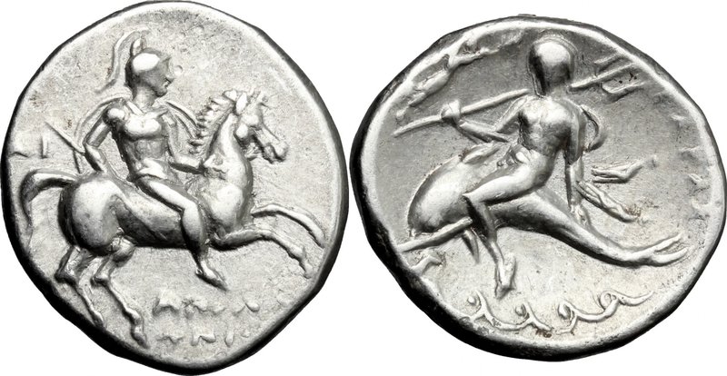 Greek Italy. Southern Apulia, Tarentum. AR Nomos, c. 272-240 BC. D/ Warrior on h...