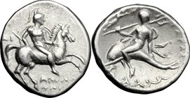 Greek Italy. Southern Apulia, Tarentum. AR Nomos, c. 272-240 BC. D/ Warrior on horseback right, holding shield and spear; ΔI behind, AΠOΛΛ/ΩNIOΣ below...