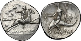 Greek Italy. Southern Apulia, Tarentum. AR Nomos, c. 240-228 BC. Daimachos magistrate. D/ Nude youth, holding torch, on horse galloping right; monogra...
