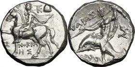 Greek Italy. Southern Apulia, Tarentum. AR Nomos, c. 240-228 BC. D/ Dioskouros, raising hand and holding rein, on horseback left, head facing; monogra...