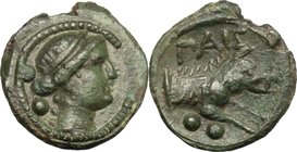 Greek Italy. Northern Lucania, Paestum. AE Sextans, 2nd Punic War, 218-201 BC. D/ Wreathed head of Ceres right; behind neck, two pellets. R/ ΠAIS. For...