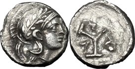 Greek Italy. Northern Lucania, Velia (?). AR Hemiobol (?), 4th century BC. D/ Head of Athena right, wearing crested and wreathed Attic helmet. R/ Thre...