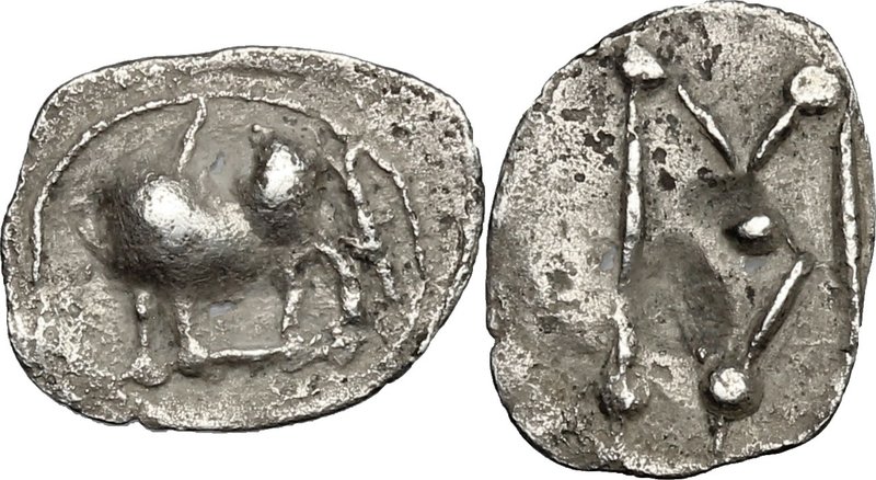 Greek Italy. Southern Lucania, Sybaris. AR Obol (or Hemiobol), c. 550-510 BC. D/...