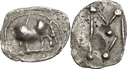 Greek Italy. Southern Lucania, Sybaris. AR Obol (or Hemiobol), c. 550-510 BC. D/ Bull standing left, head right. R/ Large M/V. HN Italy 1739; SNG ANS ...