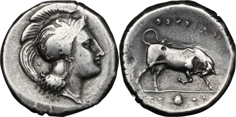 Greek Italy. Southern Lucania, Thurium. AR Distater, c. 350-300 BC. D/ Head of A...