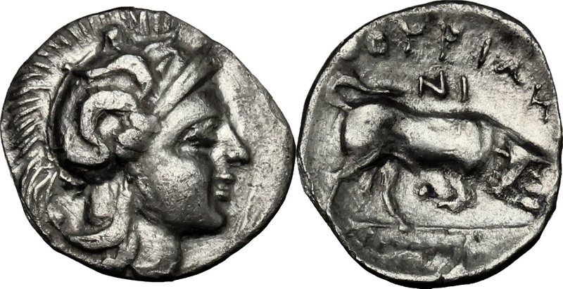 Greek Italy. Southern Lucania, Thurium. AR Diobol, c. 4th century BC. D/ Head of...