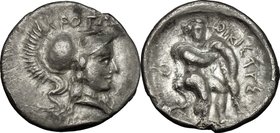 Greek Italy. Bruttium, Kroton. AR Triobol, c. 300-250 BC. D/ KPOTΩ. Helmeted head of Athena right. R/ Herakles advancing right, wearing lion skin and ...
