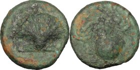 Greek Italy. Bruttium, Kroton. AE 12 mm., c. 300-250 BC. D/ Scallop shell. R/ Cuttlefish; in field [K-P]. HN Italy 2240; SNG ANS 447; BMC Italy -; SNG...