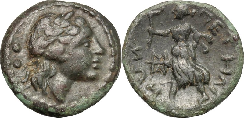 Greek Italy. Bruttium, Petelia. AE Sextans, 216-89 BC. D/ Laureate head of Apoll...