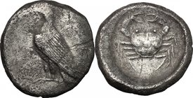 Sicily. Akragas. AR Didrachm, c. 500-495 BC. D/ Sea eagle standing left; traces of ethnic behind. R/ Crab within incuse circle. Jenkins, Gela, Group I...