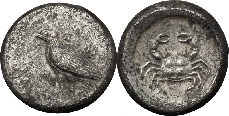 Sicily. Akragas. AR Didrachm, c. 500-495 BC. D/ Sea eagle standing left; AKRA be...