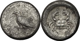 Sicily. Akragas. AR Didrachm, c. 500-495 BC. D/ Sea eagle standing left; AKRA behind. R/ Crab within incuse circle. Jenkins, Gela, Group II c,8; HGC 2...