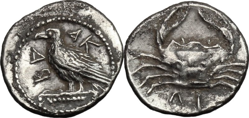 Sicily. Akragas. AR Obol, c. 470-460 BC. D/ AK-PA (PA retrograde). Eagle standin...
