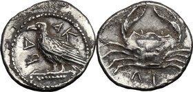 Sicily. Akragas. AR Obol, c. 470-460 BC. D/ AK-PA (PA retrograde). Eagle standing left on capital. R/ Crab; ΛI below. SNG ANS 994; SNG Cop. 49. AR. g....