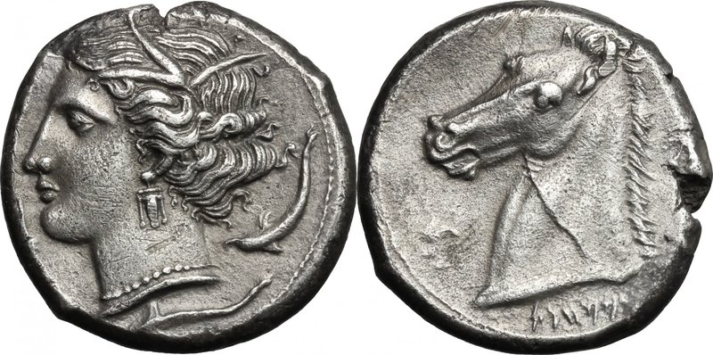 Sicily. Entella. Punic issue. AR Tetradrachm, c. 320-300 BC. D/ Wreathed head of...