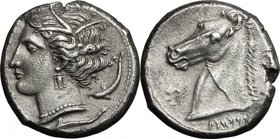 Sicily. Entella. Punic issue. AR Tetradrachm, c. 320-300 BC. D/ Wreathed head of Arethusa left, wearing triple-pendant earring and necklace, surrounde...