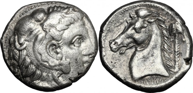 Sicily. Entella. Punic issue. AR Tetradrachm, 300-289 BC. D/ Head of Herakles ri...