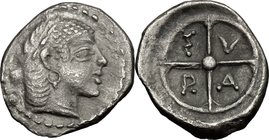 Sicily. Syracuse. Deynomenid Tyranny (485-466 BC). AR Litra, c. 470 BC. D/ Head of Arethusa right. R/ Wheel with four spokes; S-Y-R-A between. Boehrin...