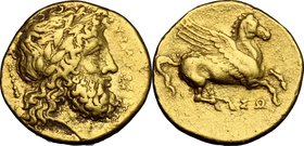 Sicily. Syracuse. Timoleon and the Third Democracy (344-317 BC). AV Hemidrachm -30 Litrae, c. 344-335 BC. D/ ΣYPAKOΣIΩN. Laureate head of Zeus Eleuthe...