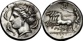 Sicily. Syracuse. Agathokles (c. 317-310 BC). AR Tetradrachm. D/ Head of Arethusa left, wearing grain wreath, pearl necklace and triple pendant earrin...